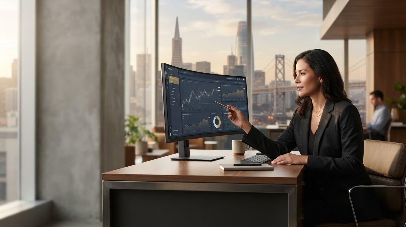 CubeInvest Box remote workspace overlooking a coastal city skyline